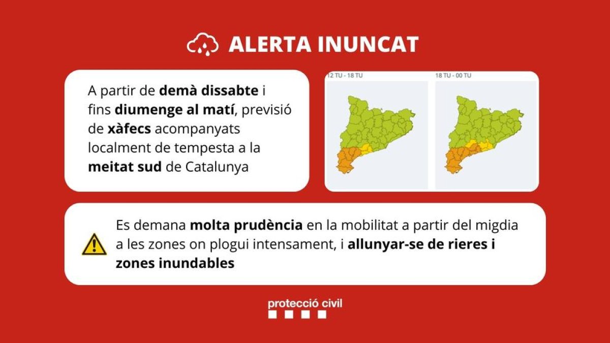 Activada l'alerta del pla Inuncat per previsió de pluges intenses a partir de dissabte