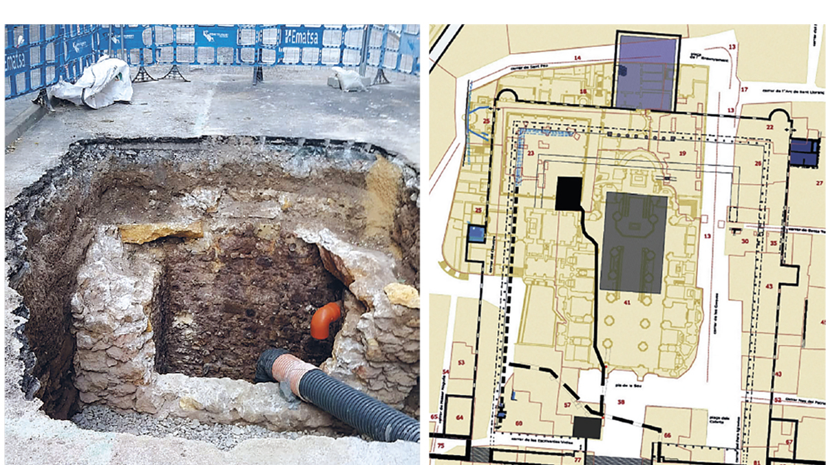 Imagen de los trabajos en la calle Sant Miquel y planimetría de la cloaca localizada sobre la planta del Recinto de Culto.