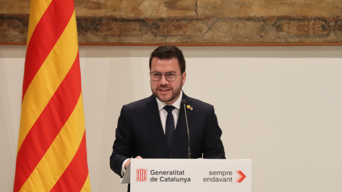 El presidente del Govern, Pere Aragonès, durante la atención a los medios después de la reunión de la Comisión Rectora del Sistema de Formación y Calificación Profesional.