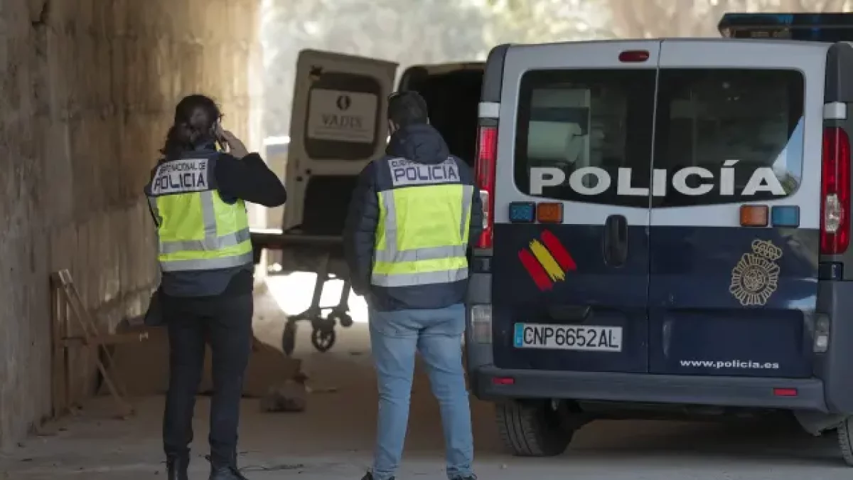 Dos agents de la Policia Nacional esperen sota el Pont del Reial de València, el 7 de febrer del 2024.