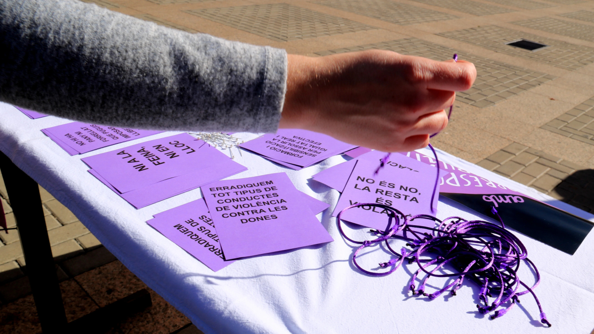 Pulseras y carteles reivindicativos en el acto del 8M de los sindicats en Tortosa