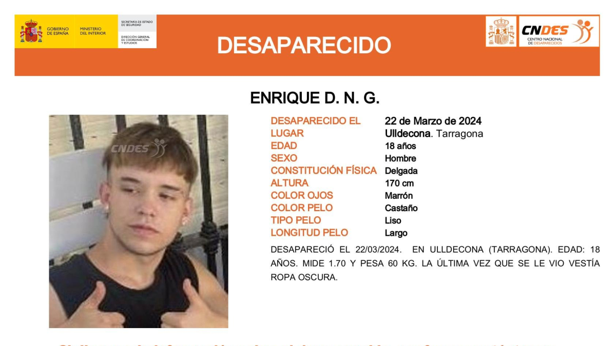 Anuncio del Ministerio del Interior para tratar de localizar al joven.