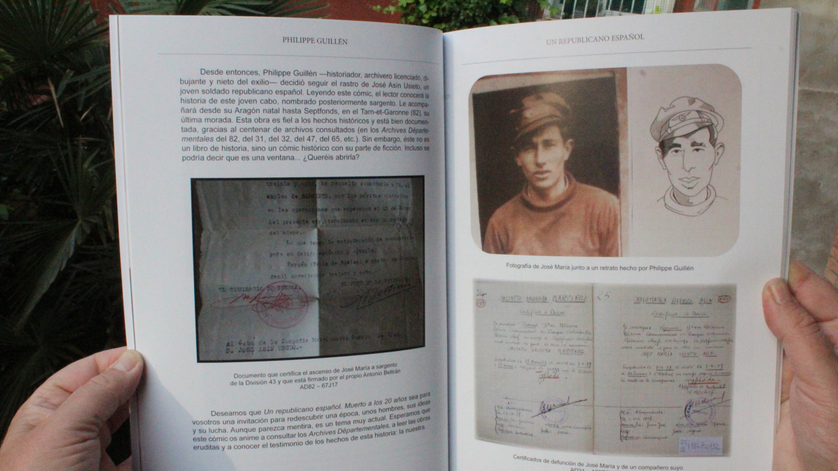 Páginas interiores del cómic|cómico, donde se ve una fotografía de José Asín y el dibujo que hizo Philippe Guillén.