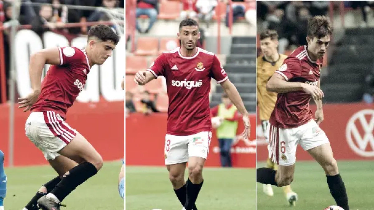 D’esquerra a dreta, els migcampistes del Nàstic Marc Montalvo, Borja Martínez i Ander Gorostidi.