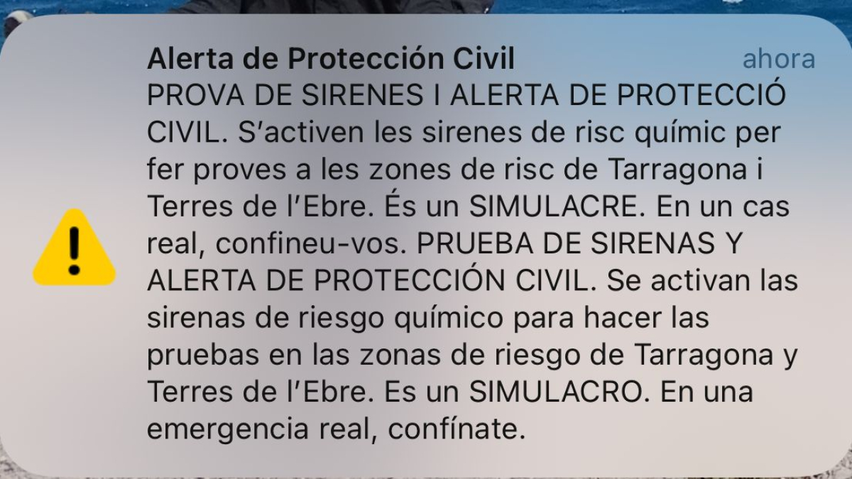 Imatge del text d'alerta rebut als mòbils.