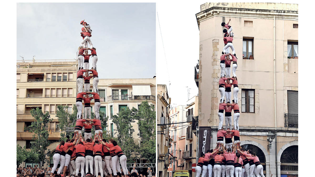 3 de 9 amb folre de la Joves a la plaça del Pati i 3 de 9 amb folre de la Vella a la Diada 1885 dels XIquets de Tarragona.
