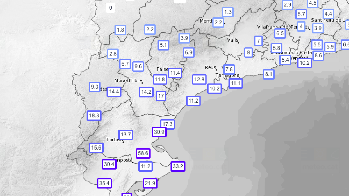 Precipitacions acumulades el matí d'aquest dilluns a primera hora.