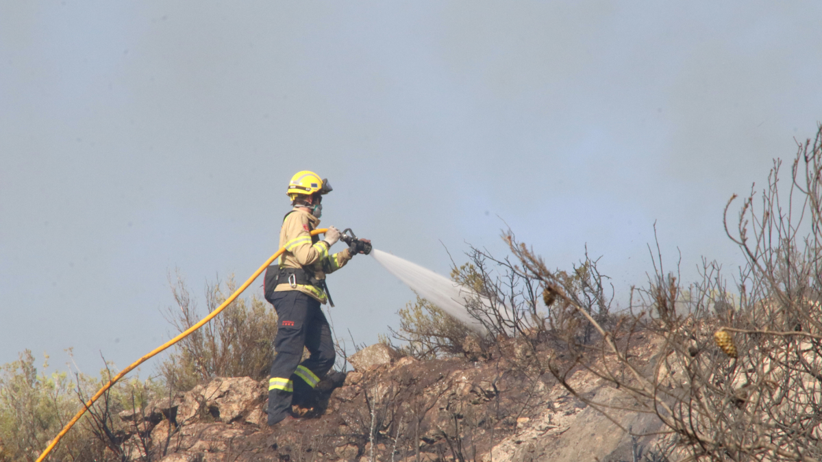 Un bomber treballa en l'extinció de l'incendi de la Figuera (Priorat).