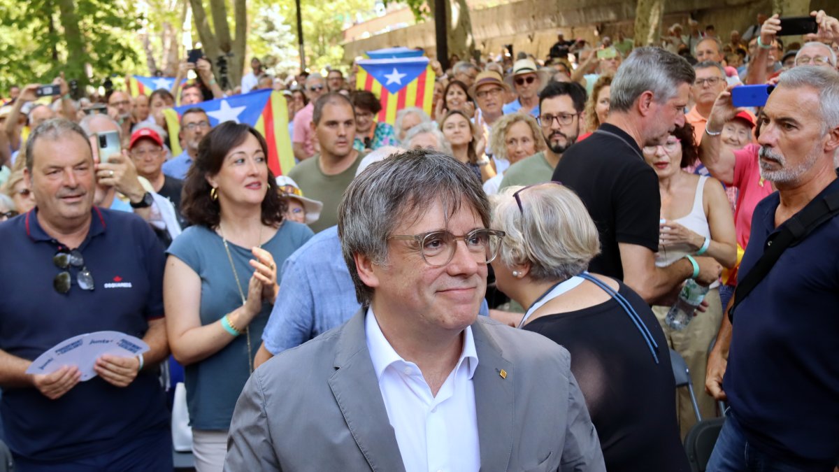 Carles Puigdemont en el acto de este sábado en Els Banys i Paladà para los cuatro años de Junts