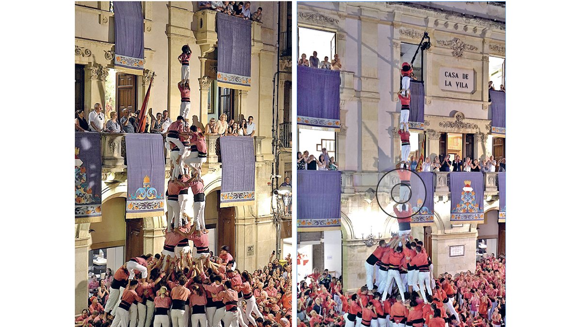 4 de 9 amb folre i pilar de la Colla Vella i pilar de 8 amb folre i manilles amb què tancava actuació la Colla Joves.