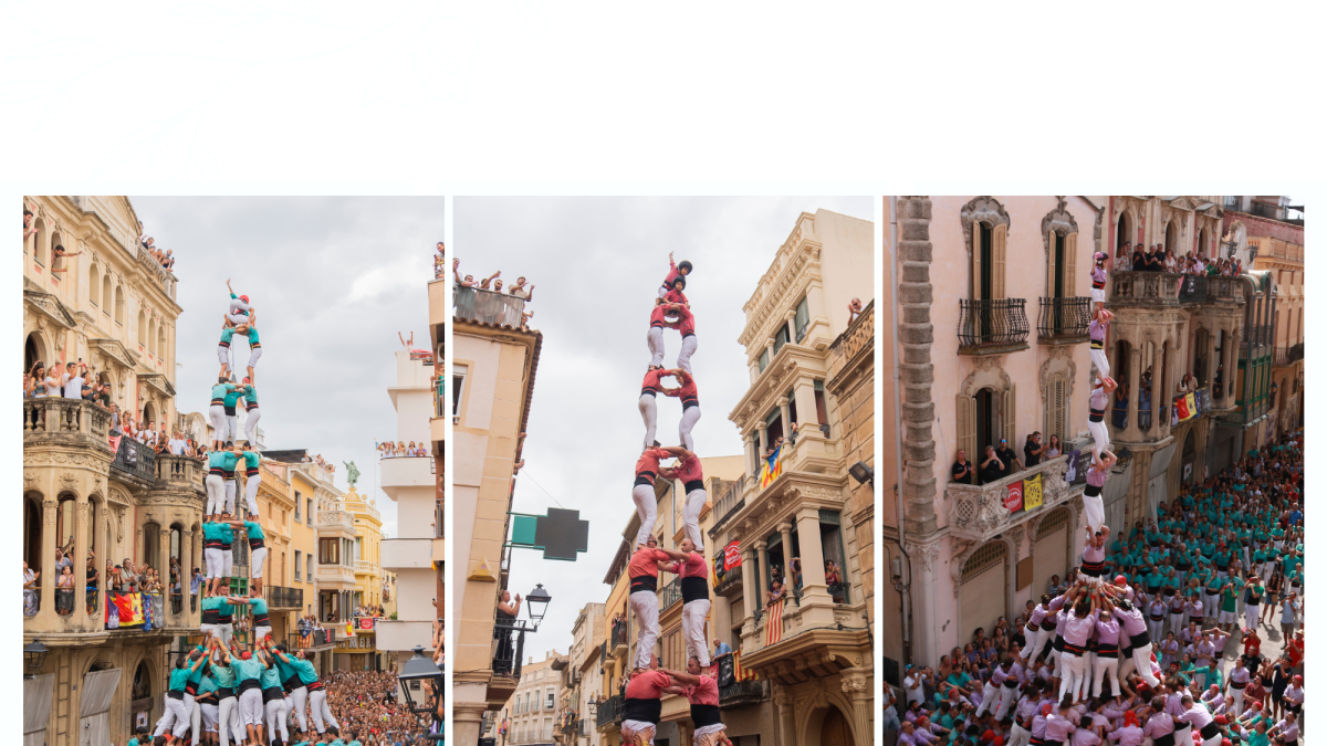 D’esquerra a dreta: 3d10fm dels Castellers de Vilafranca, 2d8sf carregat de la Colla Vella dels Xiquets de Valls i pilar de 8fm de la Colla Jove Xiquets de Tarragona