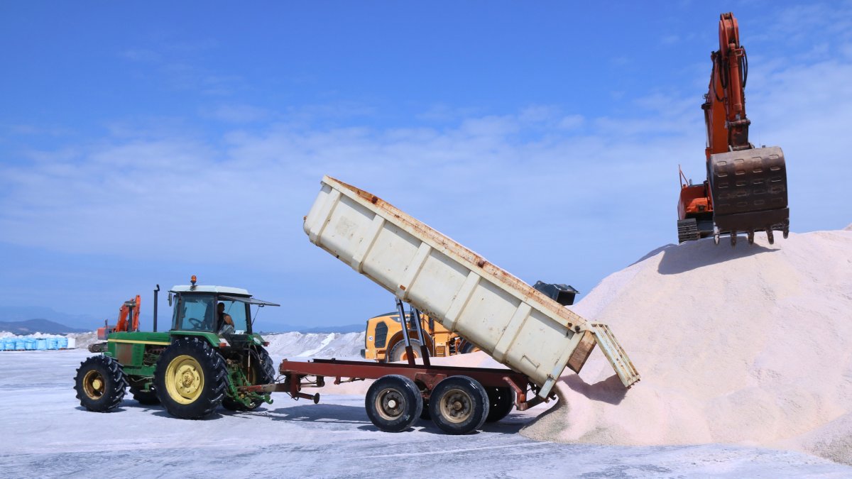 Un tractor descarrega sal recol·lectada a les instal·lacions d'Infosa a la punta de la Banya.