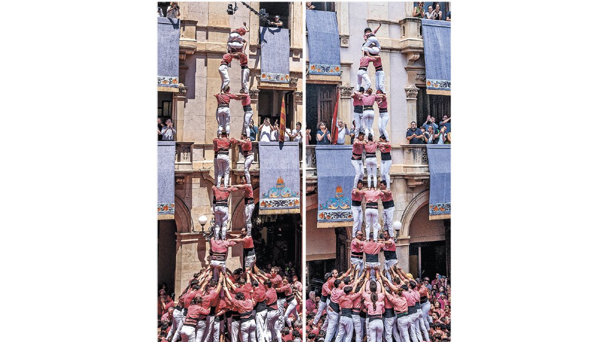 Imatges dels 3de9 amb folre que les dues colles vallenques van descarregar durant l’ultima actuació de Sant Joan a Valls.