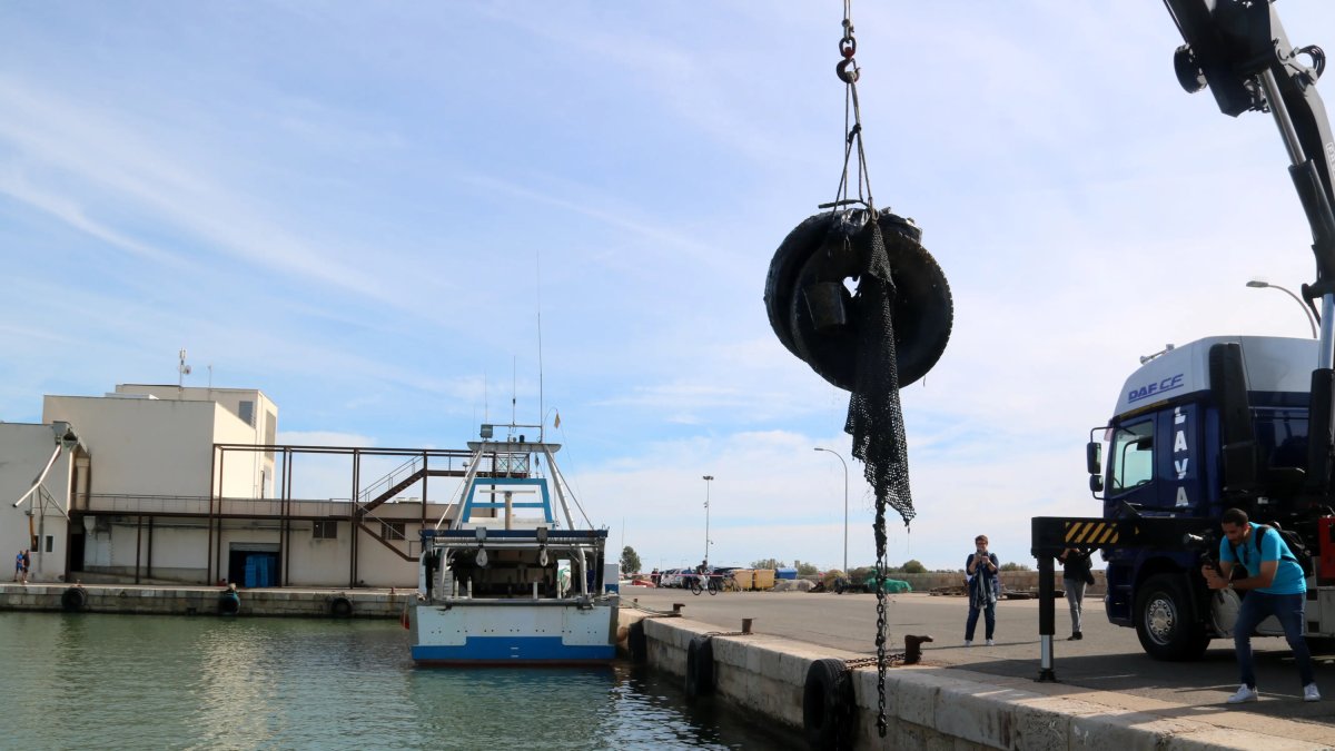 Una grúa retira ruedas y mallas que un buzo ha ayudado a coger del fondo marino del puerto de la Ràpita.