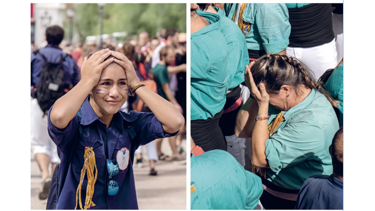 Castellers dels Xiquets del Serrallo i de Sant Pere i Sant Pau, plorant després de les seves respectives caigudes.