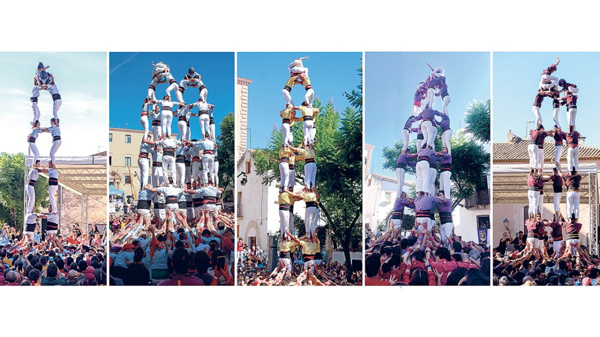 D’esquerra a dreta, el 2de7 i el  7de7a dels Nois de la Torre, el 4de8 dels Castellers de Castelldefels, el 5de7 dels Castellers d’Altafulla i el 5de7 dels Castellers de Sarrià.