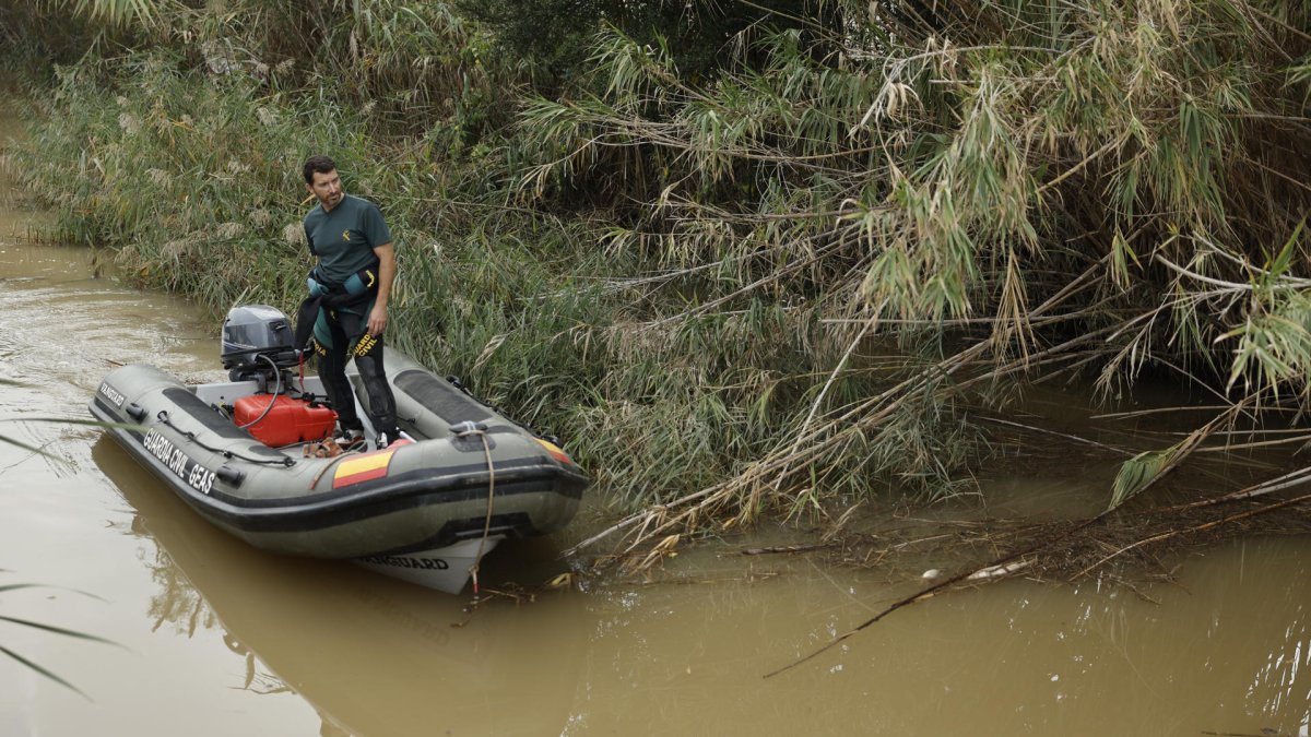 Miembros del Grupo Especial de Actividades Subacuáticas de la Guardia Civil buscan restos mortales en el embarcadero de El Palmar de la Albufera de Valencia.