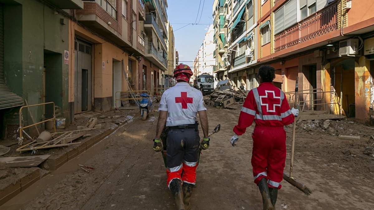 Voluntaris de Creu Roja amb una carretilla ajudant a les tasques a València.