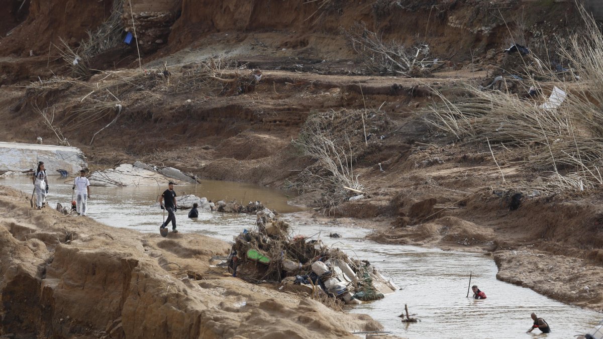 Voluntarios trabajan en el pantano de Torrent (Valencia) este viernes, diez días después de la DANA.