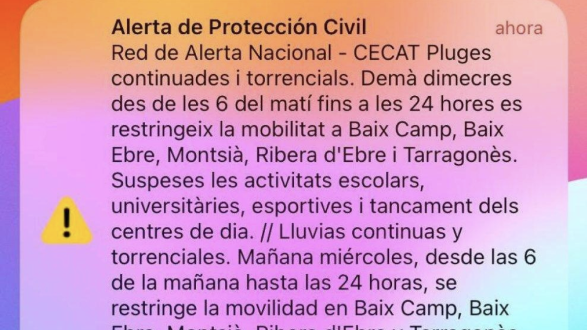 Imagen de una alerta móvil por la DANA.