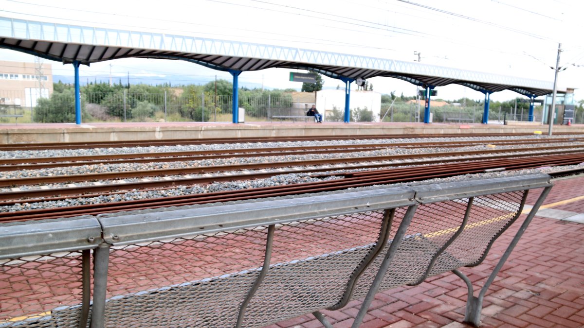 Un único viajero esperando en la estación de tren de l'Aldea, con el servicio de Rodalies parado.