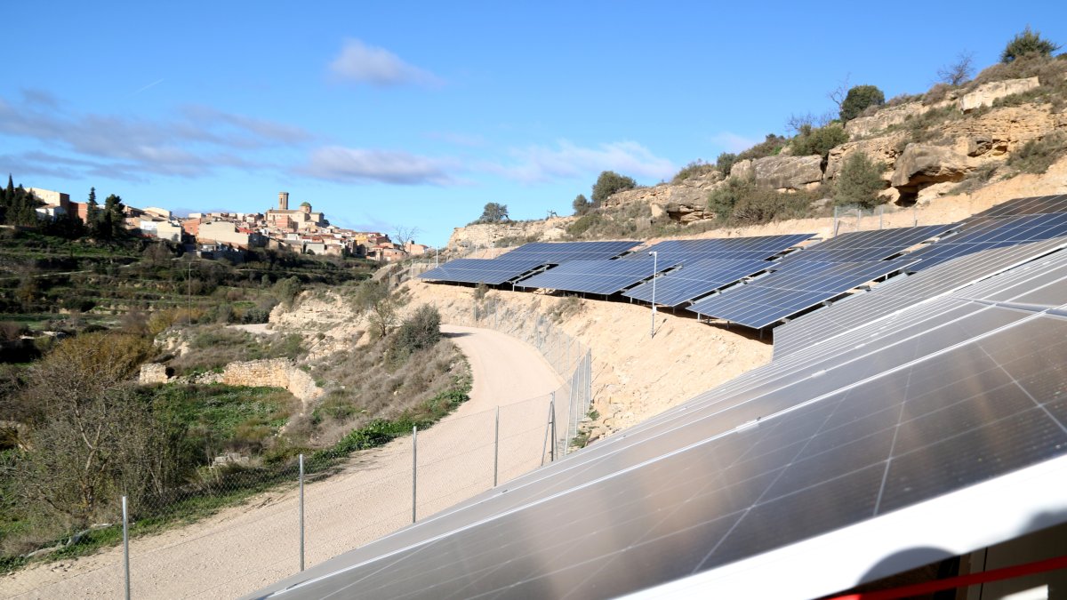 Plaques fotovoltaiques davant del poble de Batea.