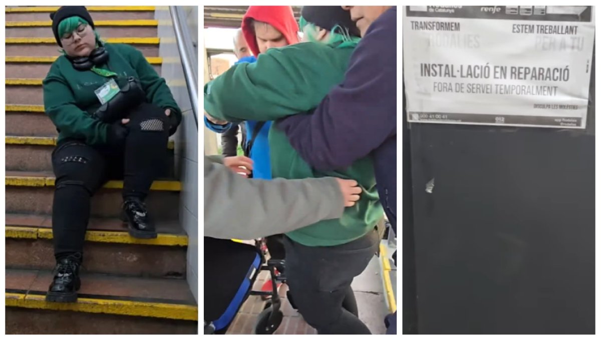 Imatges de la jove pujant per les escales, rebent ajuda i del cartell penjat als ascensors indicant que no funcionen.