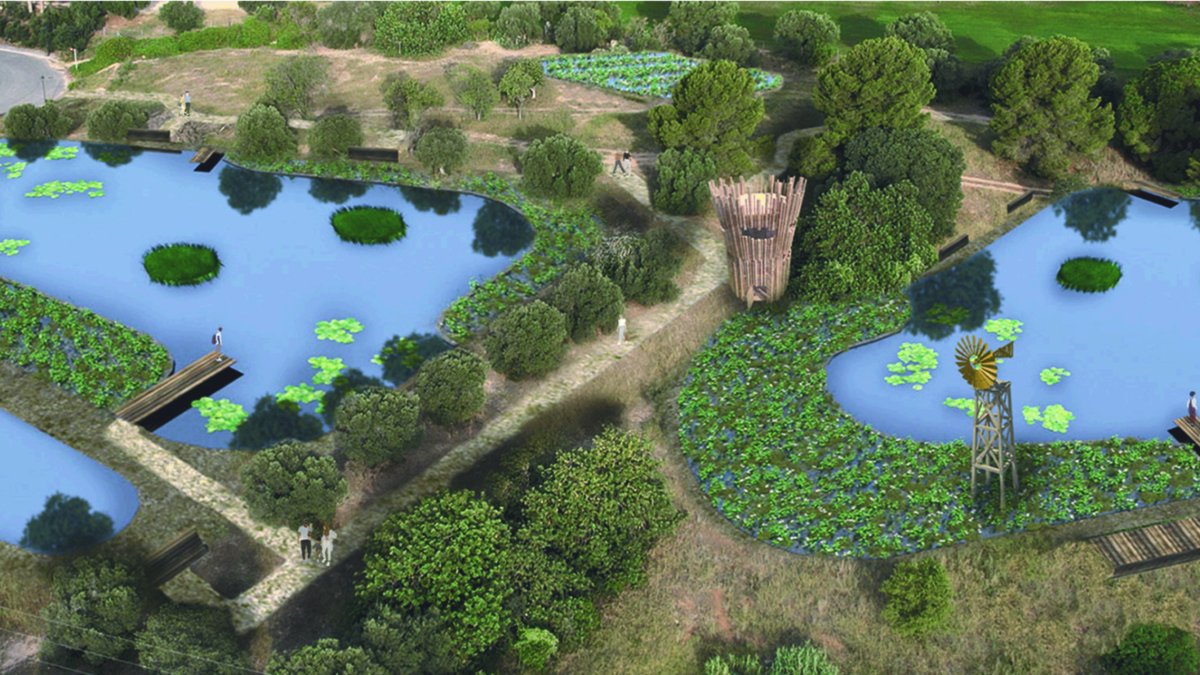 Recreació virtual de com s’espera que quedin els aiguamolls de l’entorn d’Aigüesverds, amb el conjunt de basses naturalitzades.