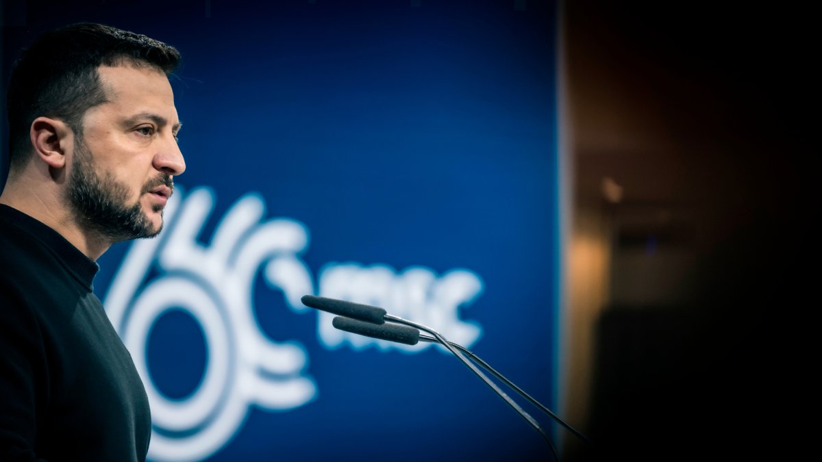 El president ucraïnès, Volodímir Zelenski, durant la seva intervenció a la Conferència de Seguretat de Múnic