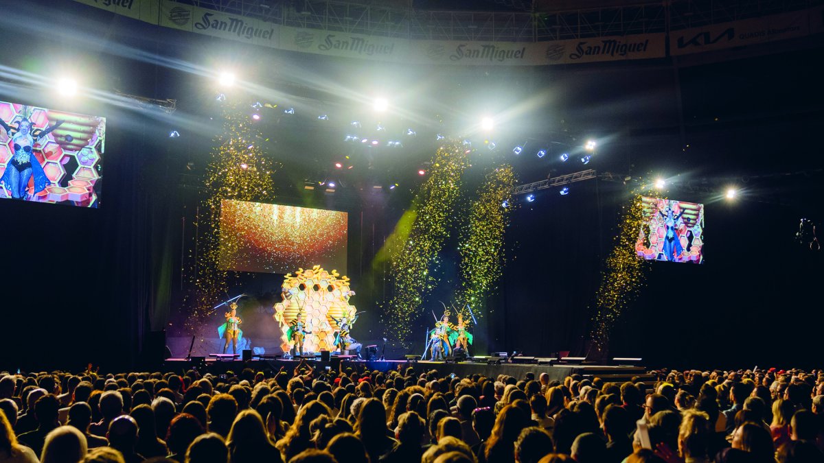 La comparsa Amics de la Part Alta encima del escenario de la Tarraco Arena durante la Disfressa d'Or del año pasado.