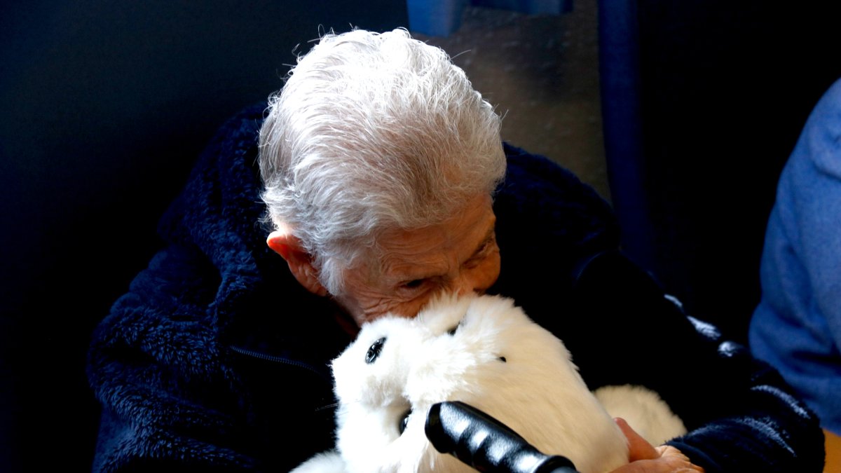 Una usuària de la residència Conca de Barberà acaricia el robot Nuka en forma de cadell de foca.