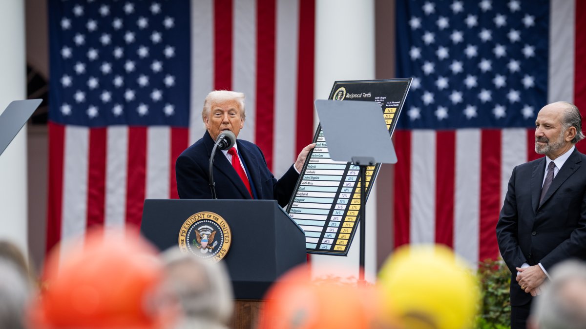 El president dels EUA, Donald Trump, mostra un cartell amb els aranzels que aplicarà a diversos països