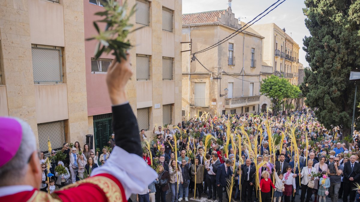L’arquebisbe de Tarragona, Joan Planellas, beneint les palmes, palmons i llorers de les persones que es van apropar a l’església de l’Ensenyança