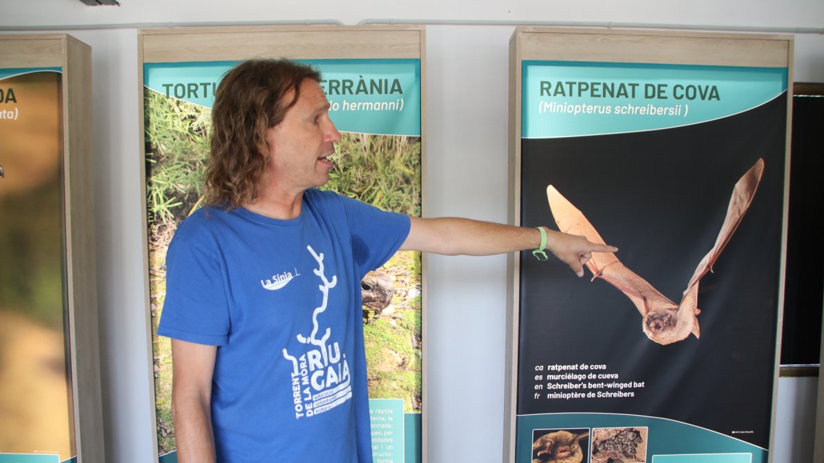 Héctor Hernández, técnico de La Sínia, mostrando una réplica de tortuga mediterránea al director del complejo industrial de Repsol en Tarragona, Javier Sancho.