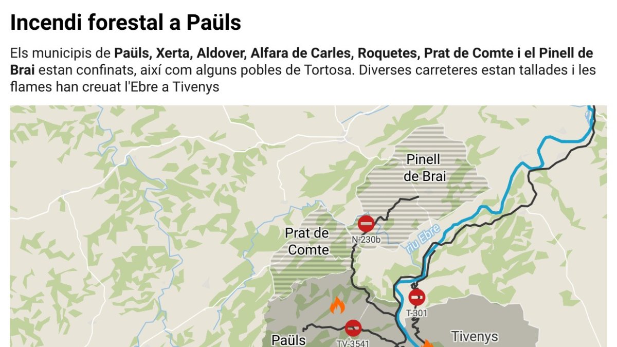 Mapa de situación del incendio forestal en Paüls, actualizado a las 9h de la mañana del 9 de julio, con la reapertura de las carreteras C-12 y C-43.