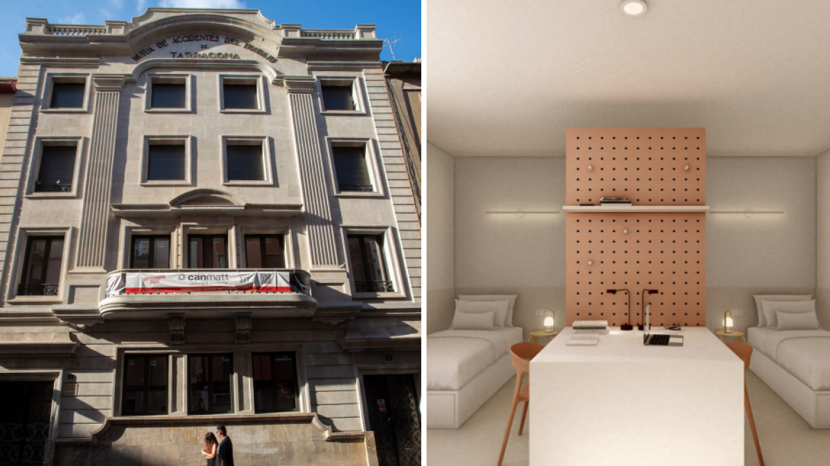 A l’esquerra la façana de la MATT; a la dreta, una imatge virtual d’una de les habitacions de la residència.