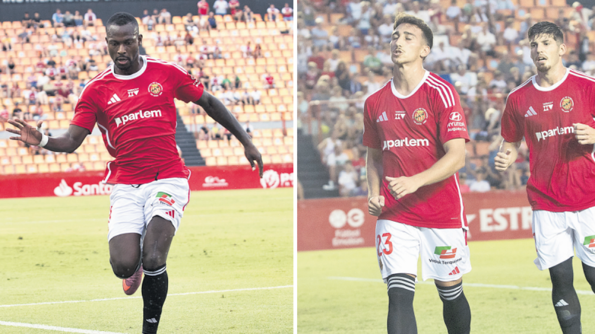 A l’esquerra, Cedric Omoigui durant el duel contra l’Andorra i, a la dreta, Marcos Baselga després de marcar al Real Zaragoza.