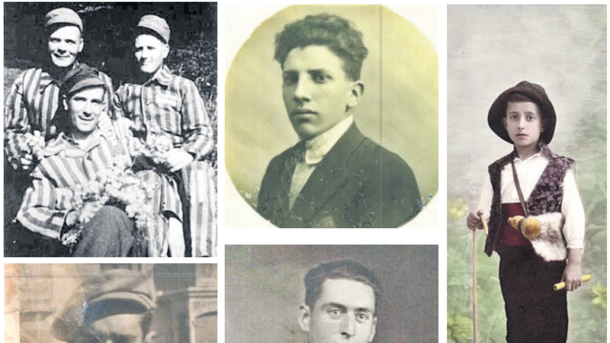 Miquel Maydeu (al fondo a la izquierda), Andreu Blasi (en la esquina izquierda, sentado y con el uniforme de rayas obligatorio de los campos de concentración), Alexandre Simó (en el centro superior), Pere Baseda (en el centro inferior) y Ramón Guinovart (esquina derecha).