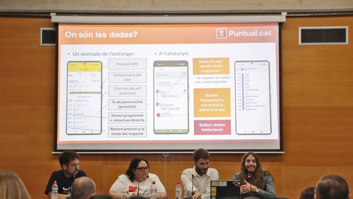 Imatge de la presentació del web puntual.cat, amb els membres de la PTP i Dignitat a les Vies, aquest dilluns a Tarragona.