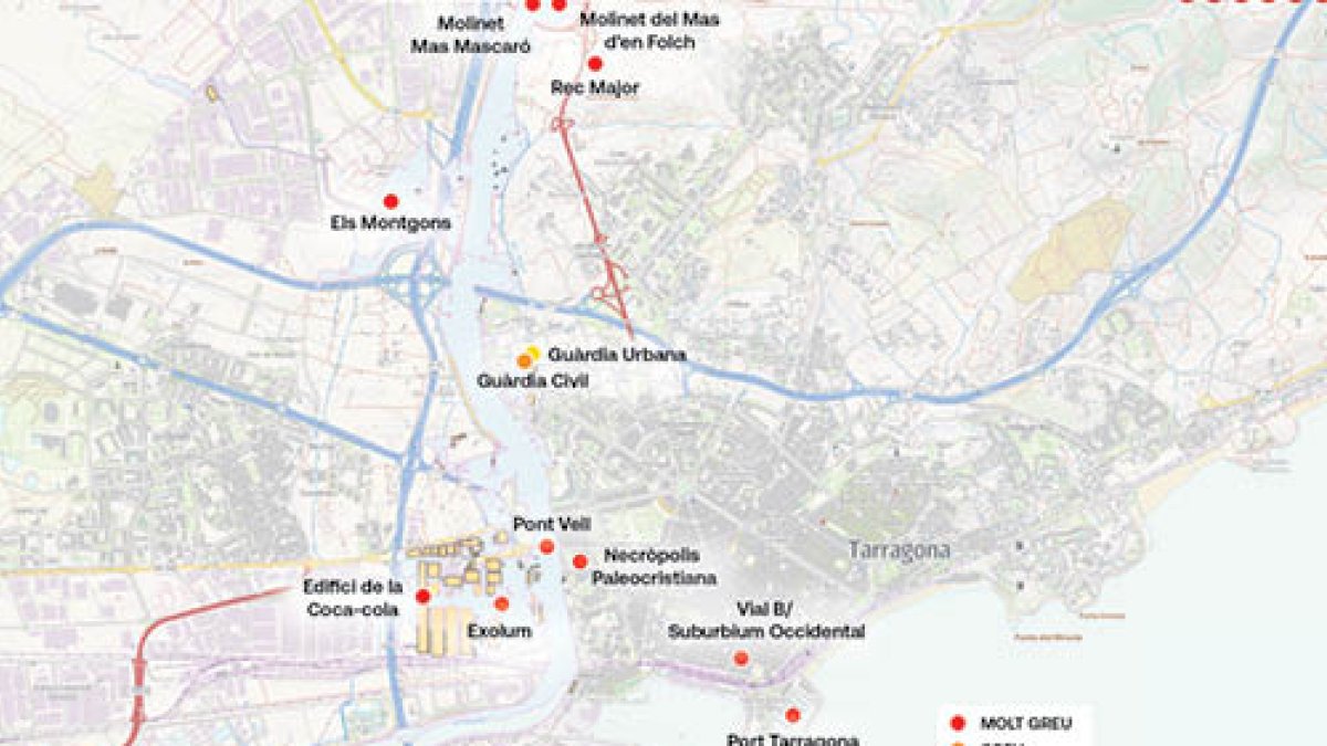 Mapa de Tarragona on s’indiquen les diferents infraestructures de la ciutat situades en zones amb risc d’inundació.