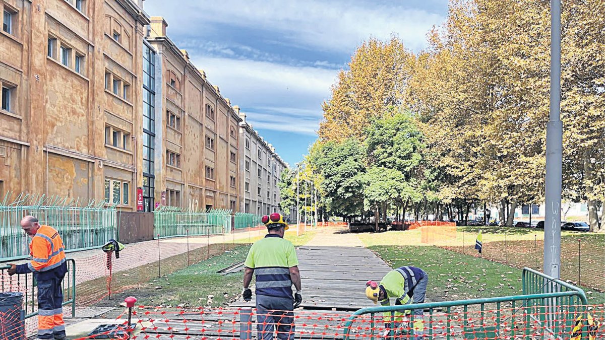 Imagen de los operarios trabajando en la retirada de la estructura de madera.