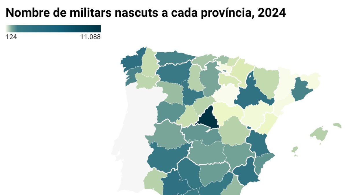Mapa con el número de militares nacidos en cada provincia en el 2024