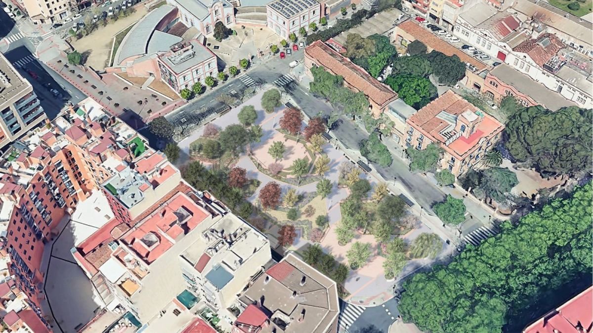 Imatge virtual aèria de com serà la nova zona verda davant la Biblioteca Central.