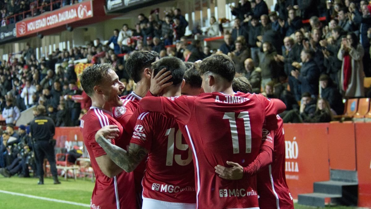 Los jugadores del Nàstic celebrando un gol en el Nou Estadi Costa Daurada.
