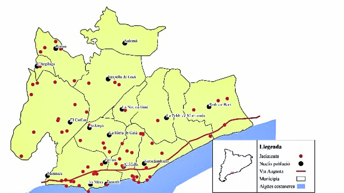Mapa del Baix Gaià amb la distribució dels jaciments segons l’IPAPC.