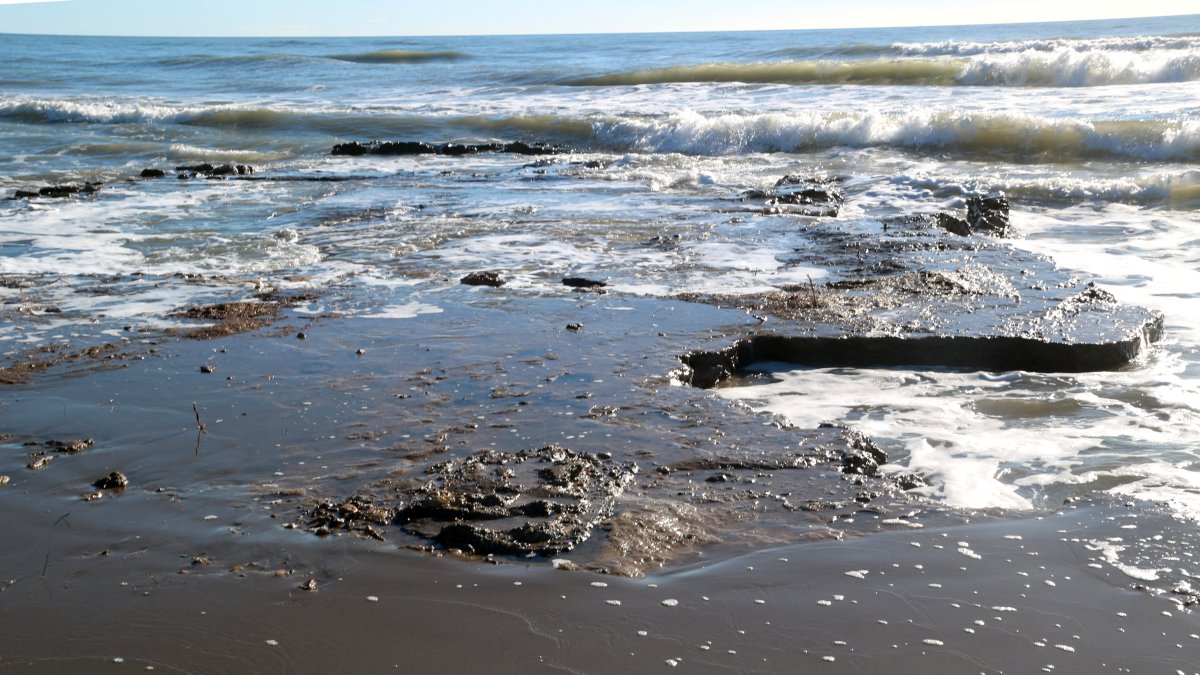 Restes d'estructures de pedra aparegudes a la punta de la Banya del Delta.