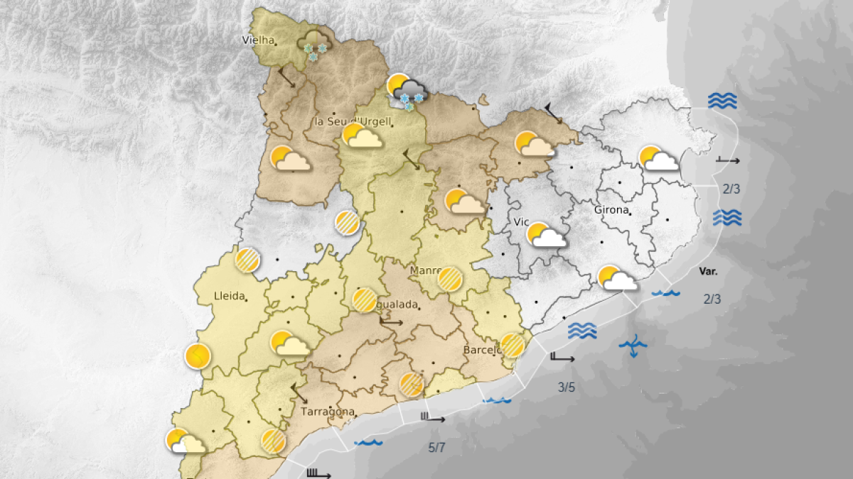 Mapa de Cataluña con las alertas por fuerte viento.