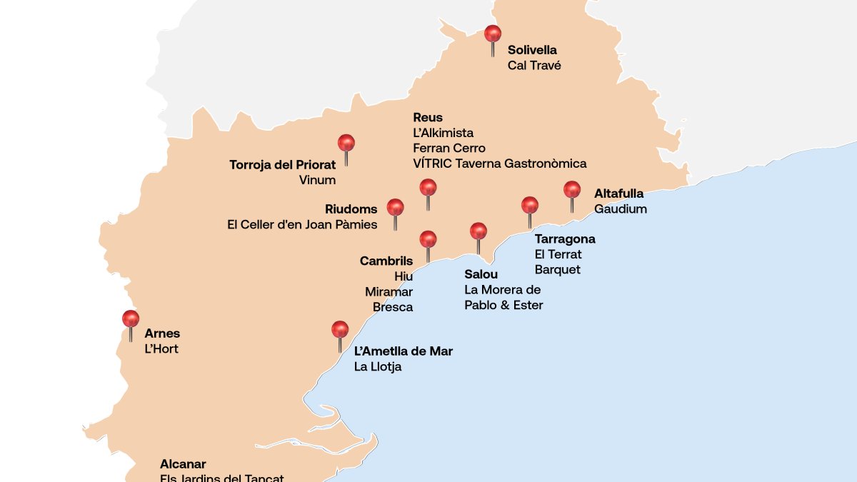 Mapa amb els restaurants de la província de Tarragona recomanats per la Guia Michelin 2026.