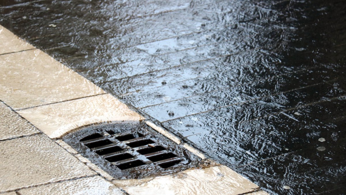 Detall d'un embornal engolint la pluja.