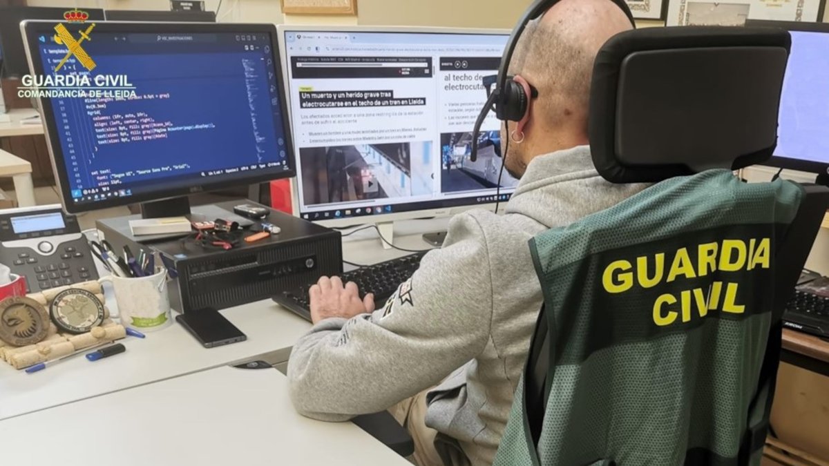 Un agent de l'Equip de Resposta als Delictes d'Odi (REDO) de la Guàrdia Civil de Lleida treballant davant un ordinador.